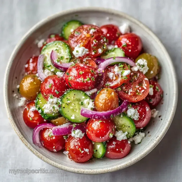Vibrant red tomatoes and pale green cucumbers tossed with creamy white feta in a shallow, modern white porcelain bowl.