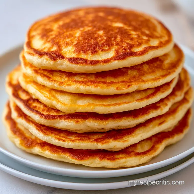 Golden-brown pancake stack on a minimalist white plate, topped with a dusting of powdered sugar and fresh berries