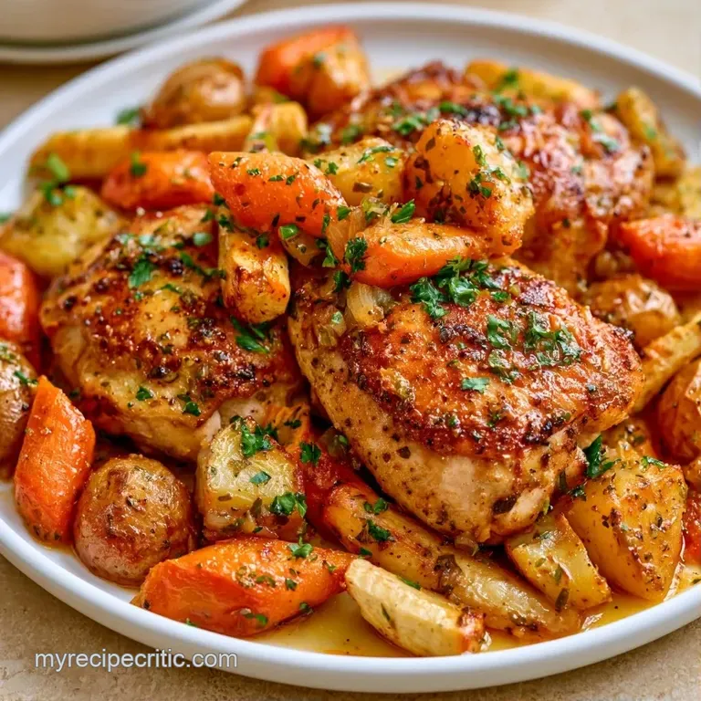 Crispy golden chicken thigh served on a white ceramic plate with glazed carrots and a sprig of fresh thyme.