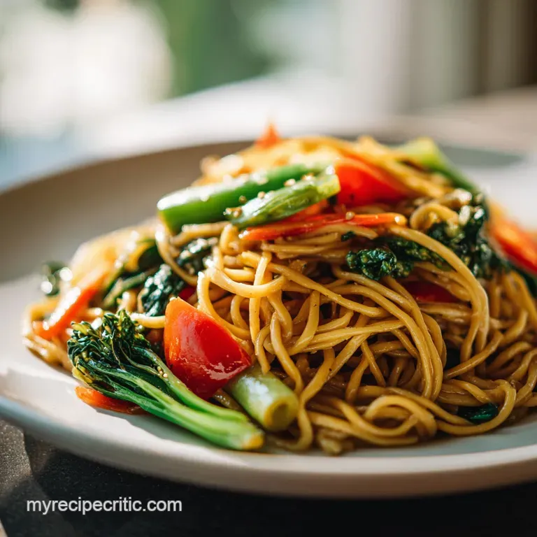 Steaming noodles with crisp veggies are artfully arranged on a white plate, ready to be enjoyed with chopsticks.
