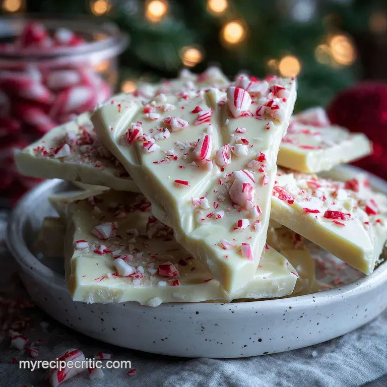 Elegant shards of white chocolate bark, studded with crushed peppermint, artfully arranged on a white dessert plate.