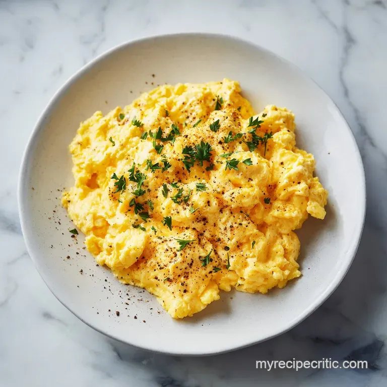 Creamy yellow scrambled eggs artfully piled on toast, speckled with fresh chives and cracked black pepper.