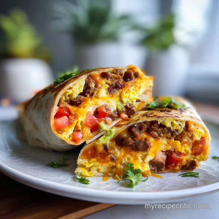 Warm breakfast burrito on a plate, topped with a dollop of sour cream, salsa, and fresh cilantro. Steam gently rising.