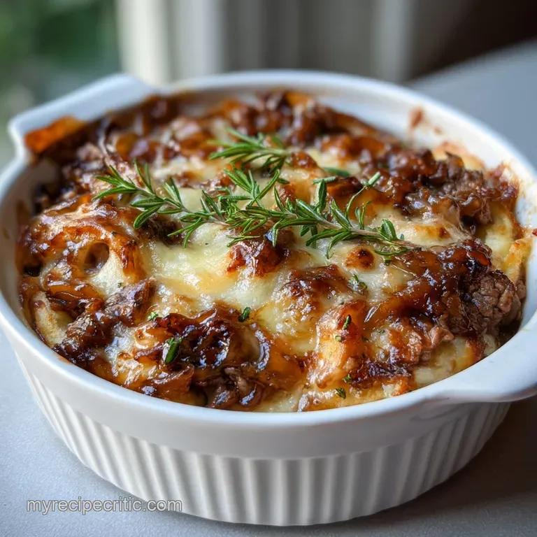 A rich, beefy casserole served in a rustic bowl, the steam rising to reveal tender meat and softened onions.