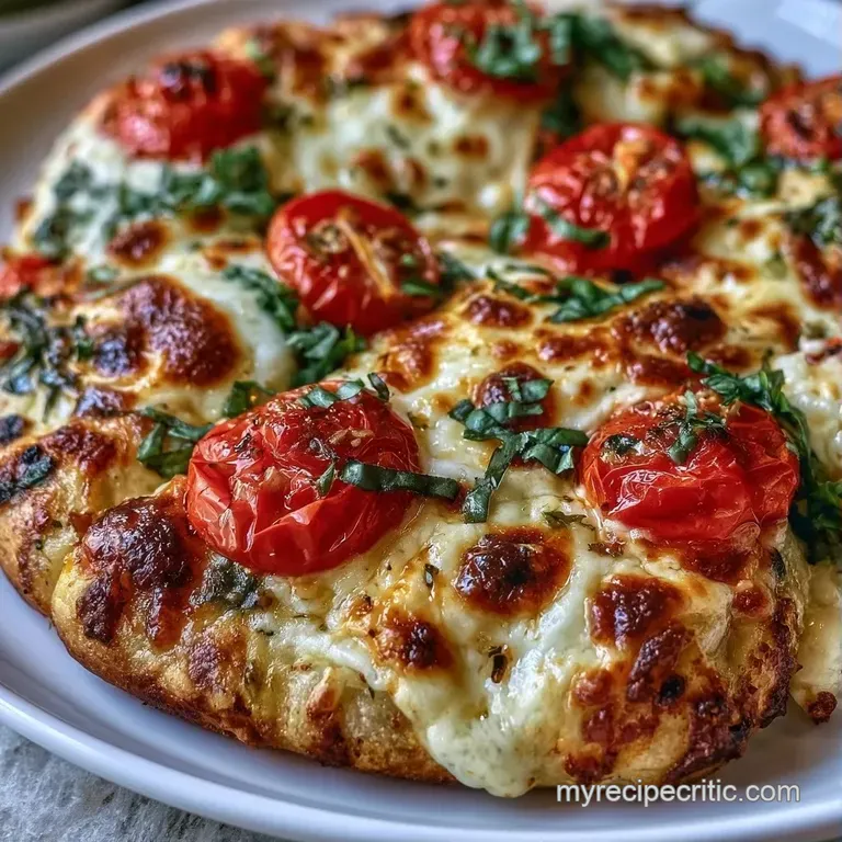 Golden-brown toasted crust topped with bubbly white mozzarella and fresh green basil on a modern slate platter