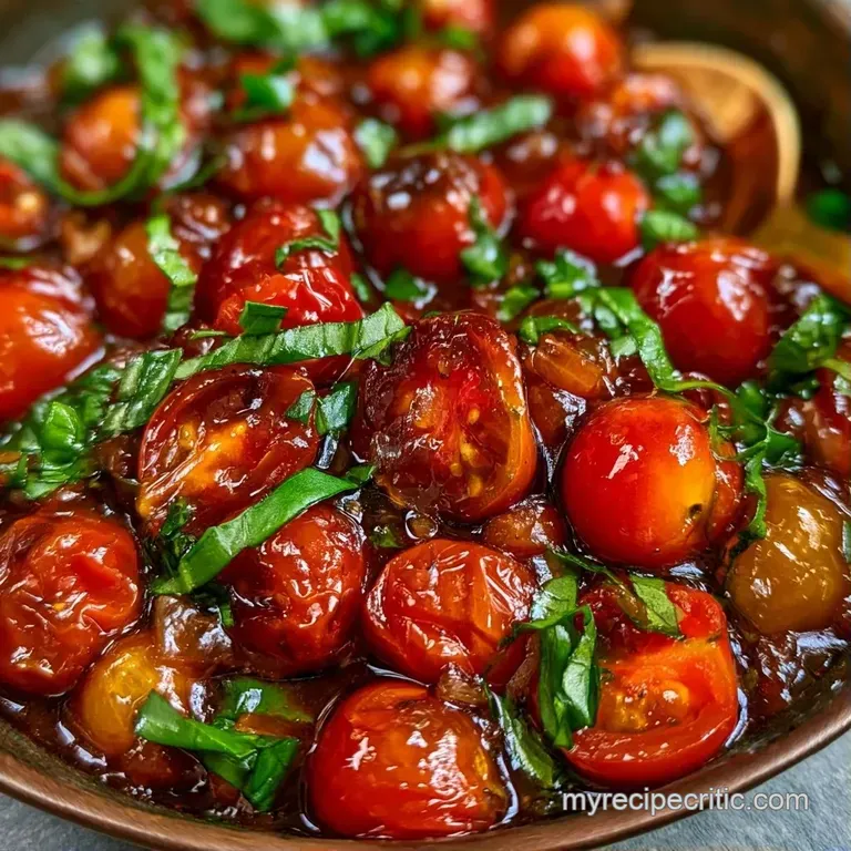 Elegant swirl of pasta topped with burst red tomatoes, a drizzle of olive oil, and a sprig of fresh green basil.