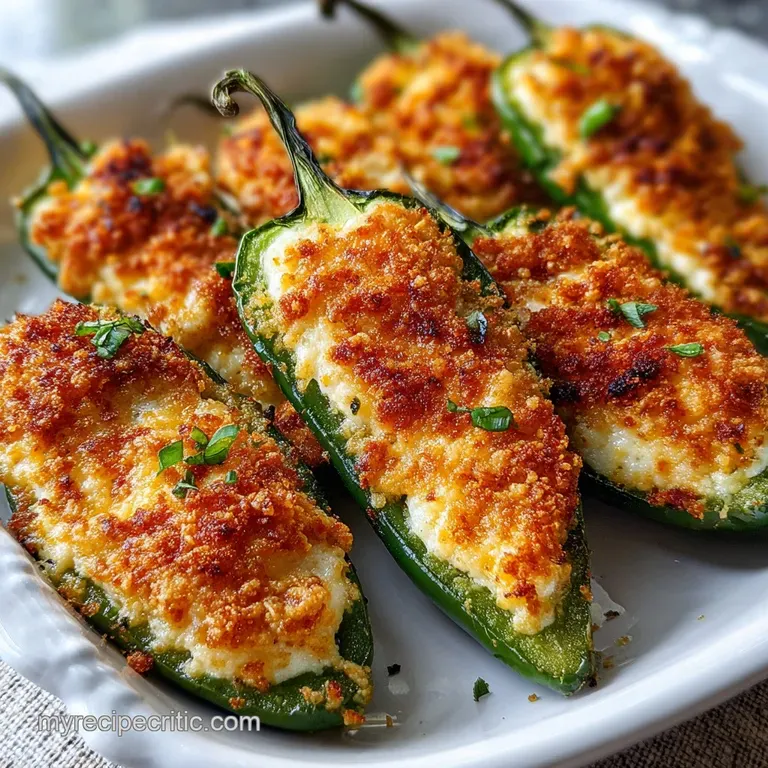 Three vibrant green jalapeno poppers drizzled with creamy white sauce, presented on a clean white plate. A spicy and chees...