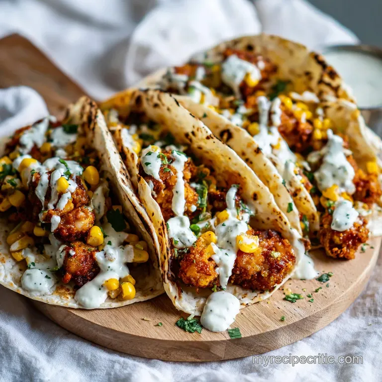 Three toasted tortillas filled with crispy chicken and corn, arranged neatly on a dark platter with lime wedges.