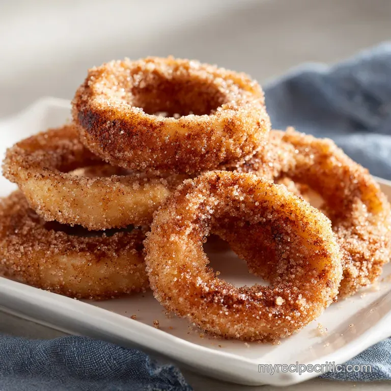 A neat stack of golden-brown fried apple circles drizzled with glossy caramel sauce on a white ceramic plate.