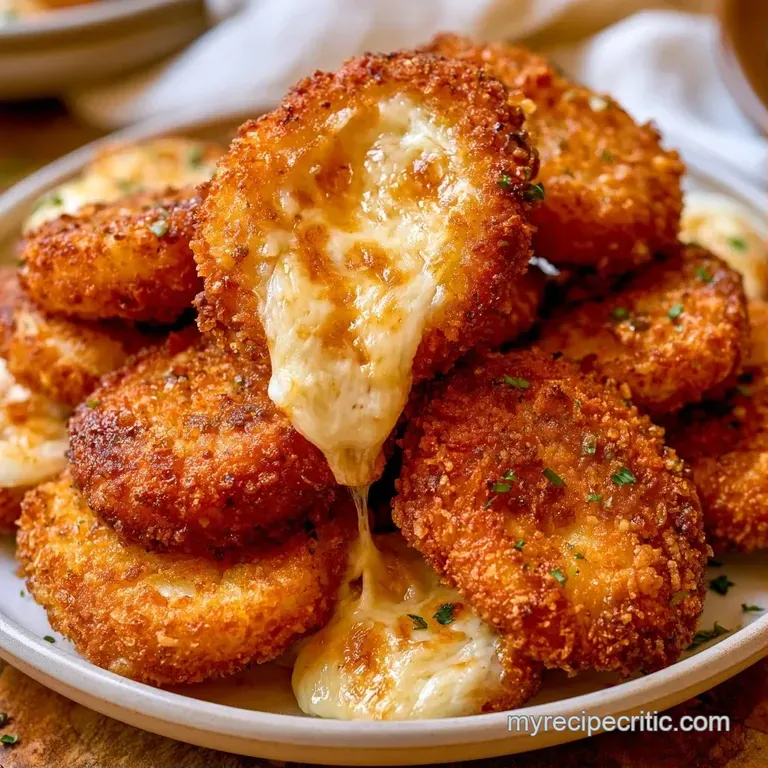 Stack of breaded golden cheese spheres garnished with fresh parsley on a minimalist white ceramic platter.