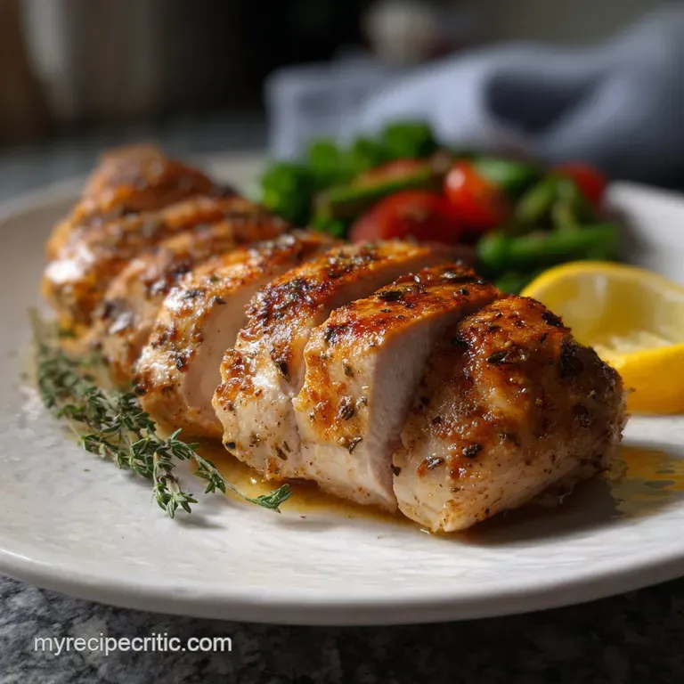 Perfectly sliced chicken breast, arranged on a white plate with a drizzle of rich sauce and fresh, green herb garnish.