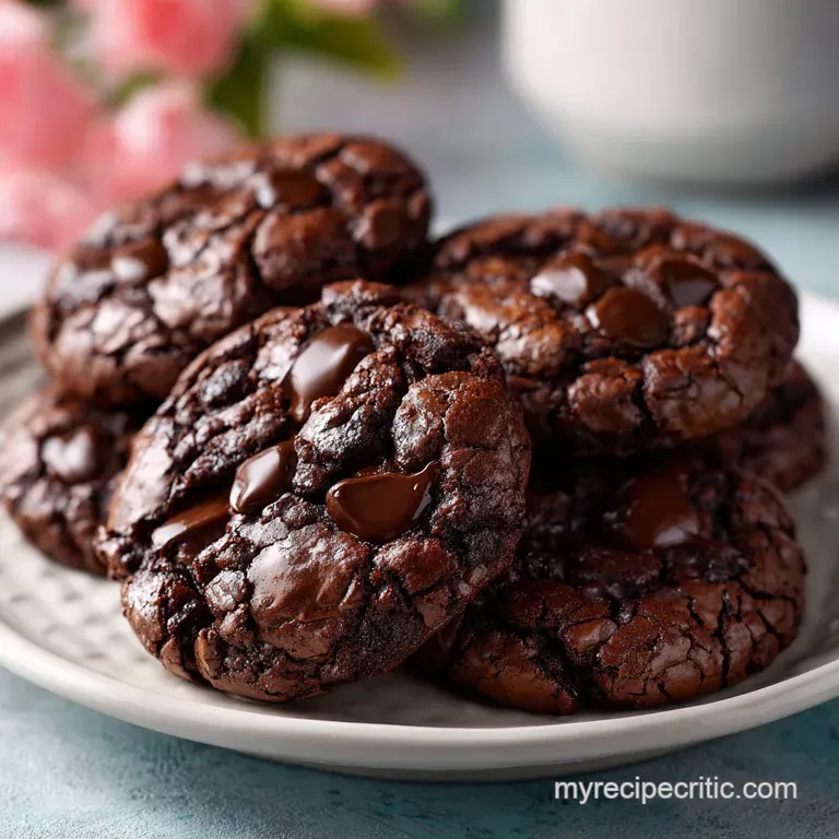 A stack of deep chocolate cookies dusted with powdered sugar on a white ceramic plate with a sprig of fresh mint.