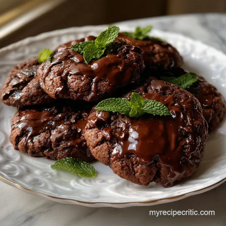 Elegant plate of chocolate mint cookies with shatter-crisp edges, garnished with fresh mint sprigs. A visually appealing d...