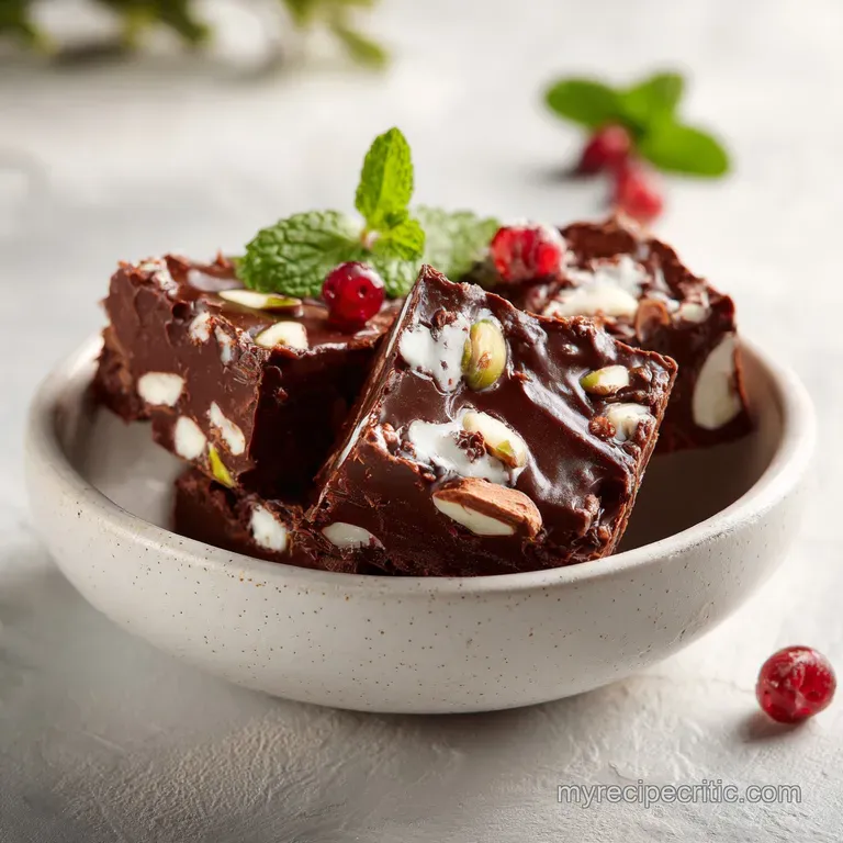 An artfully arranged stack of dark chocolate squares, showing gooey marshmallow and nutty textures.