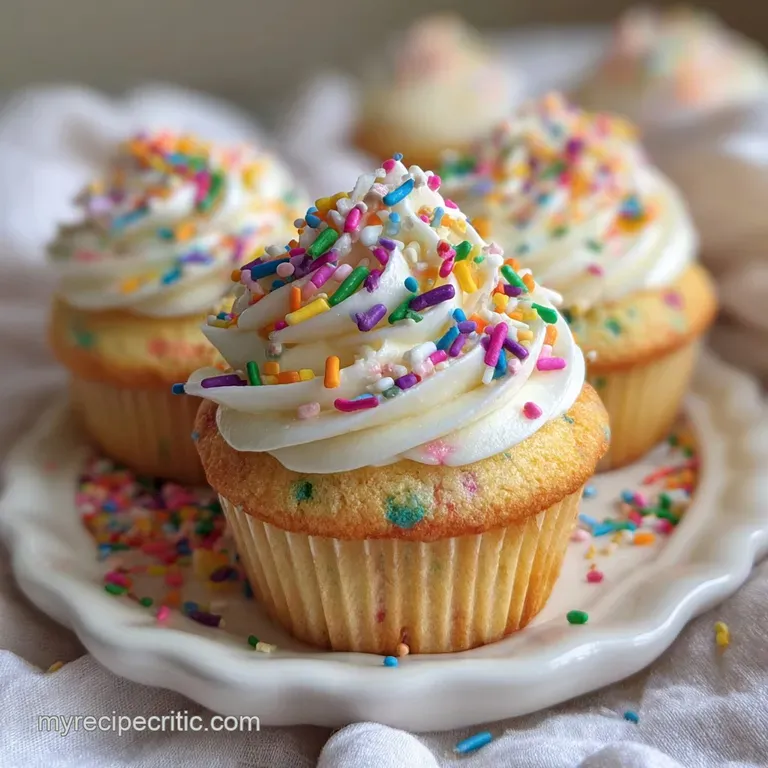 Funfetti cupcake displayed. Whipped frosting swirls, bright sprinkles, and a moist vanilla crumb add pops of color. White ...
