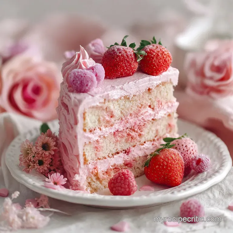 Slice of moist cake on a plate, topped with creamy pink frosting and festive sprinkles, inviting & delicious.