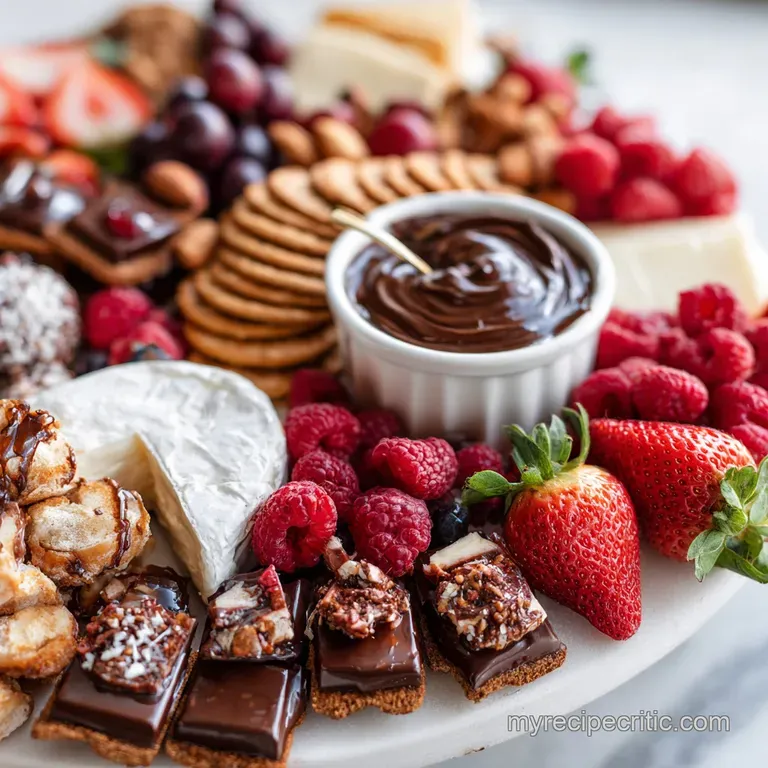 A close-up of a Galentine's Day charcuterie board, featuring glossy chocolate-covered strawberries, plump raspberries, and...