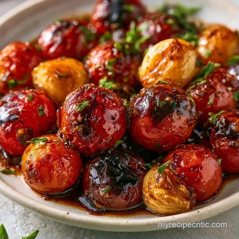 Glossy red roasted tomatoes and golden garlic served in a white ceramic bowl, garnished with fresh green parsley.