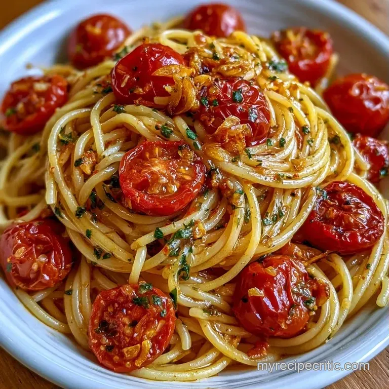 Elegant swirl of pasta topped with glossy burst tomatoes and shaved parmesan on a clean white porcelain dish.