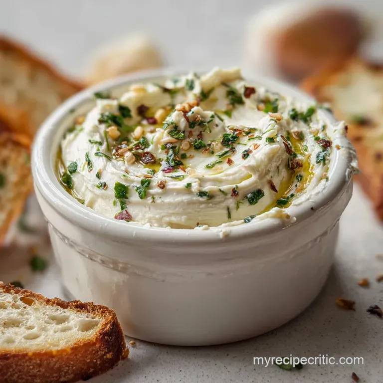 Elegant swirl of airy whipped feta, glistening with olive oil and flecked with herbs, presented in a shallow ceramic bowl.