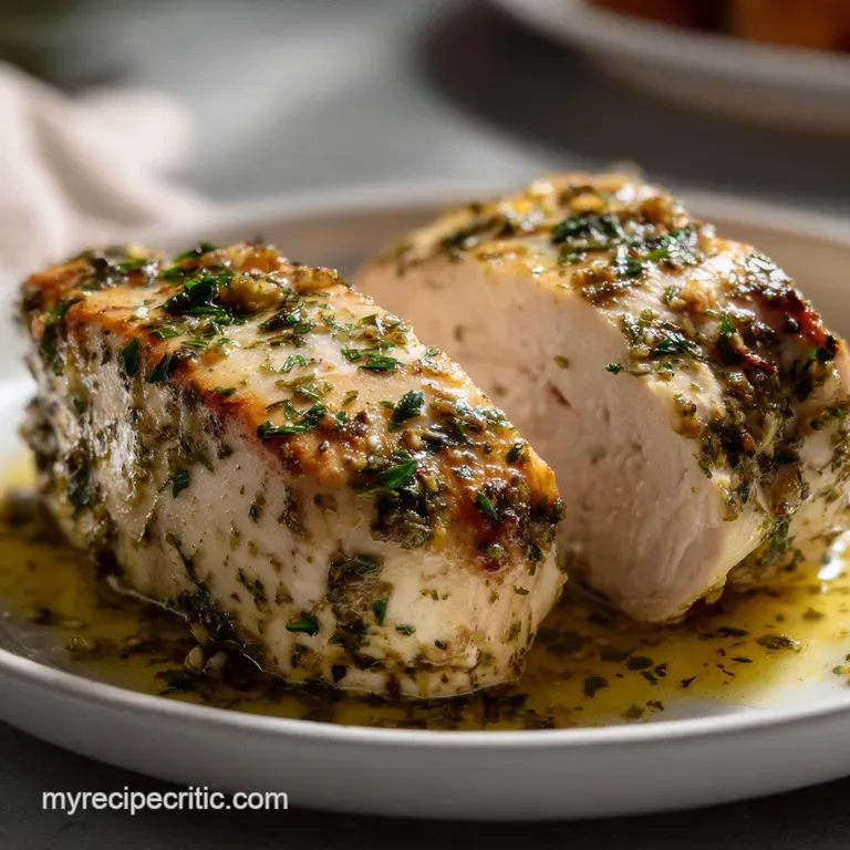 Tender chicken breast, elegantly plated with vibrant green herbs, alongside a medley of roasted carrots and potatoes. A fl...