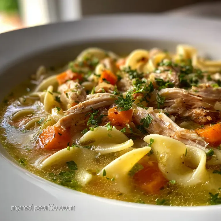 Steaming bowl of German chicken noodle soup featuring tender shredded chicken and colorful vegetables, garnished with herb...