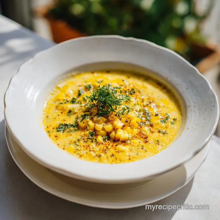 Elegant bowl of gluten-free corn chowder topped with fresh chives. Hints of paprika and a swirl of cream add flair.