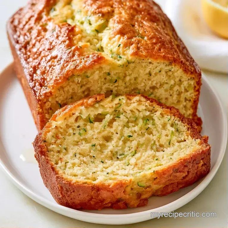 A slice of golden-brown loaf topped with a sugary glaze and lemon zest on a white ceramic plate with a linen napkin.