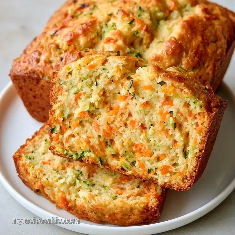 Thick slices of moist vegetable bread stacked on a white ceramic plate, garnished with a small pat of melting butter.