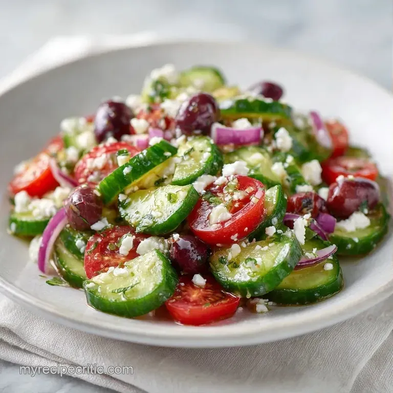 Vibrant red tomatoes and sliced cucumbers topped with cubes of white feta and dark olives on a white ceramic plate.