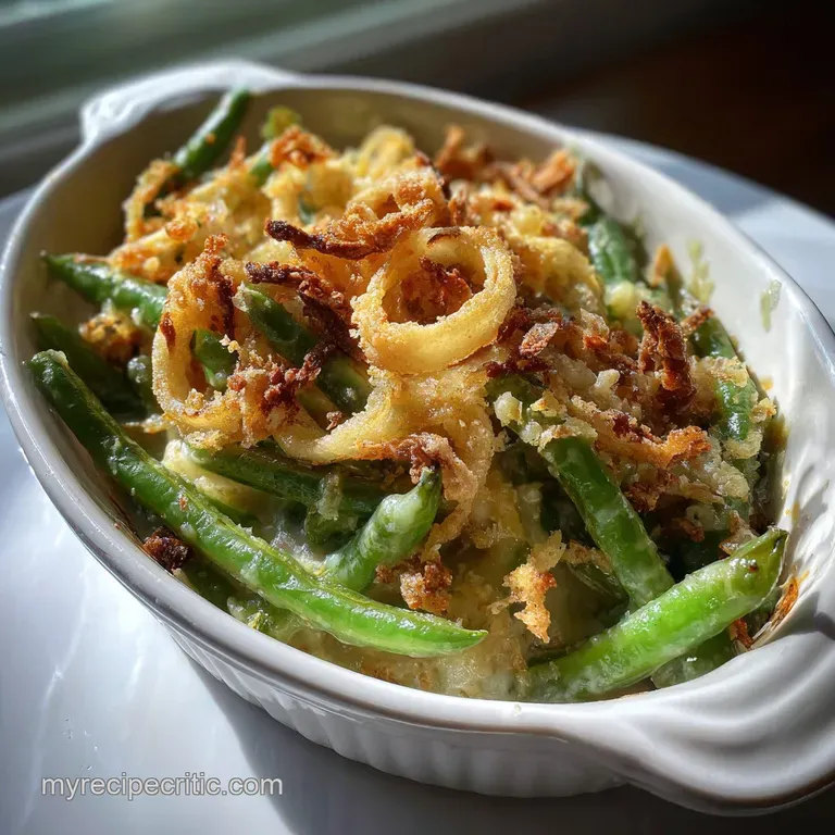 A spoonful of creamy green bean casserole, crowned with crunchy fried onions, served on a classic white plate.