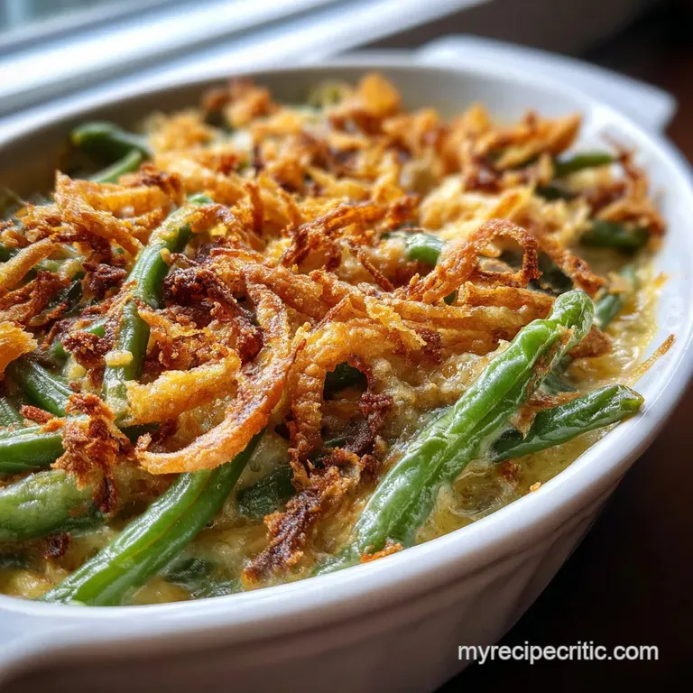 A spoonful of rich green bean casserole with its savory mushroom sauce, placed in an elegant white bowl, ready to be enjoyed.