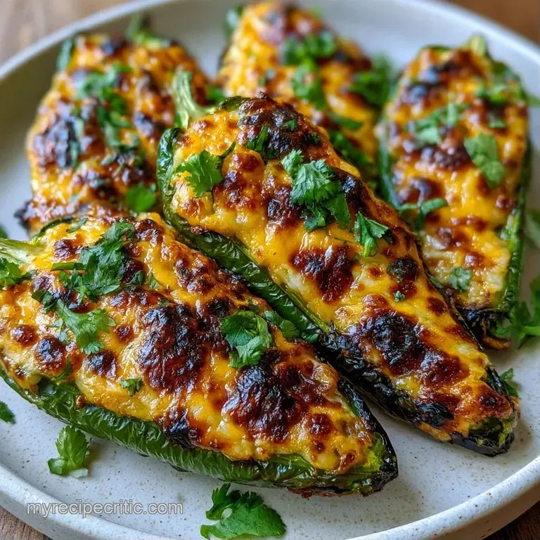 Blistered green peppers topped with gooey melted cheese and fresh cilantro on a clean white porcelain plate.