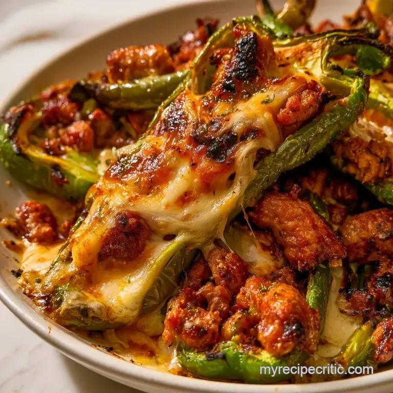 Charred green peppers filled with savory meat and cheese on a white plate, garnished with a sprig of fresh cilantro.