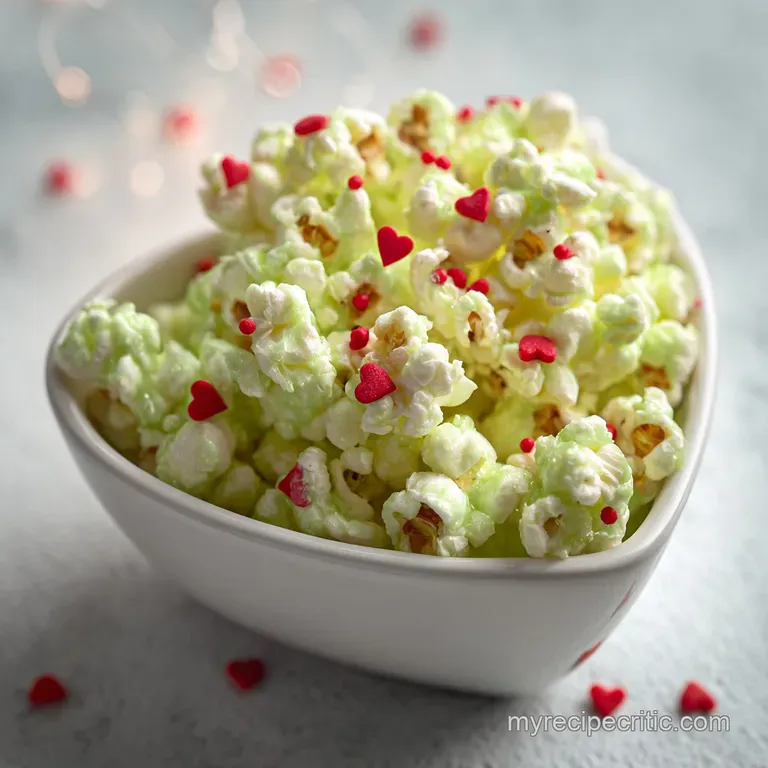 Piles of glossy green popcorn and red chocolate gems arranged on a rustic wooden board with a festive red ribbon.