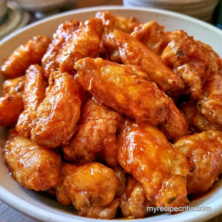 Vibrant red glazed wings arranged neatly on a white ceramic plate with crisp celery stalks and a creamy white dip.