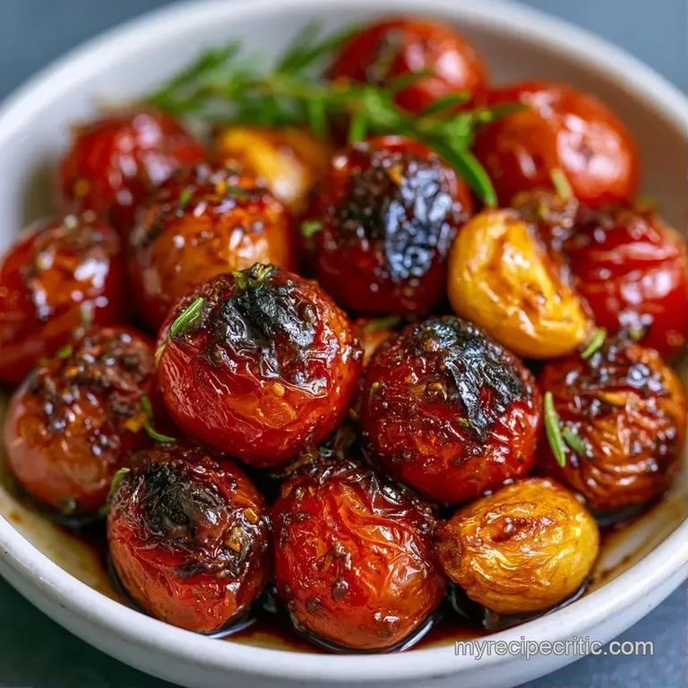 Vibrant red burst tomatoes arranged in a white ceramic bowl, sprinkled with flaky salt and fresh herbs.