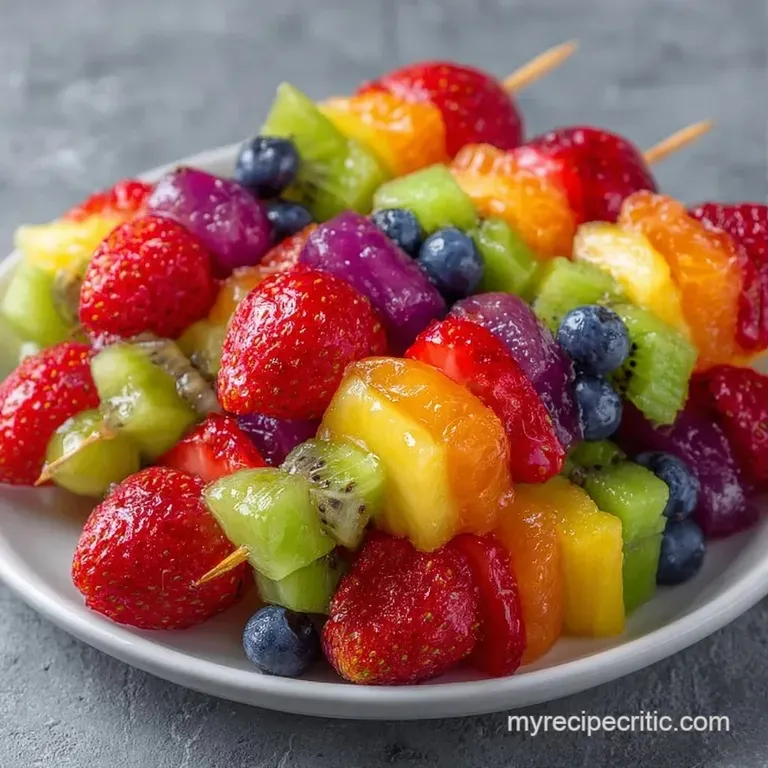 Rainbow-hued fruit skewers arranged in a fan shape on a slate board, garnished with tiny mint leaves for contrast.