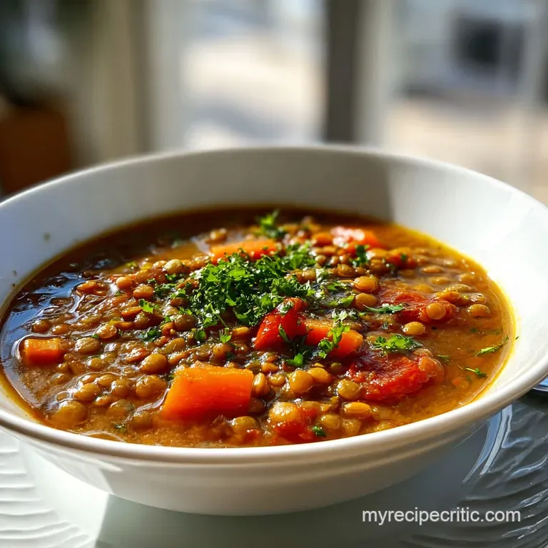 Steaming lentil soup in a white bowl, topped with fresh herbs and a drizzle of olive oil. Elegant and comforting, ready to...