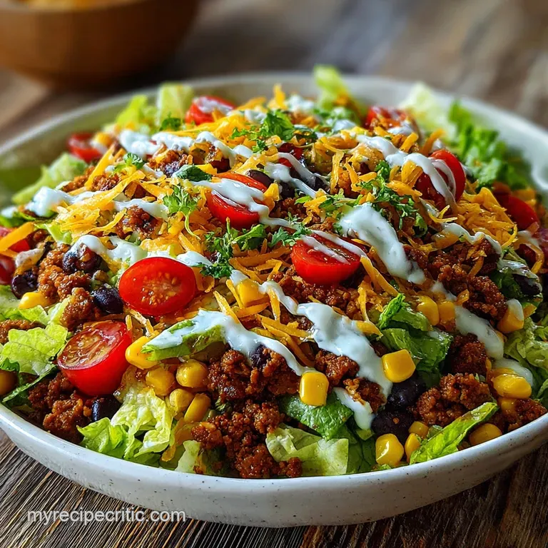 Taco salad beautifully plated with vibrant greens, neatly arranged toppings, and a creamy dressing drizzle. Fresh and invi...