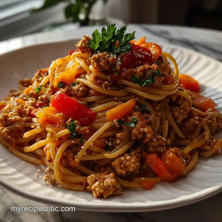 Elegant plate of spaghetti with lean turkey, deep red sauce, and a sprinkle of parmesan cheese, garnished with a sprig of ...