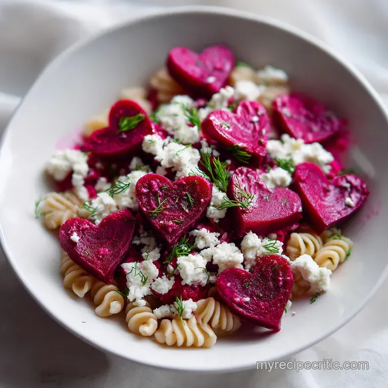 Elegant plating of heart pasta: vibrant pink sauce coats the pasta, topped with basil, served on a clean white plate.
