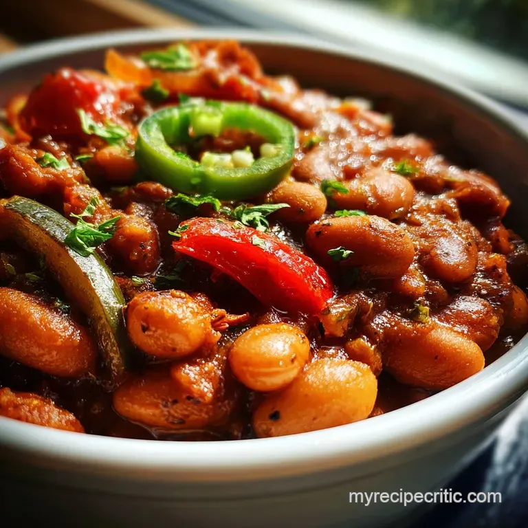 A steaming bowl of cowboy beans, garnished with fresh cilantro and a dollop of sour cream. Rustic and inviting, a comforti...