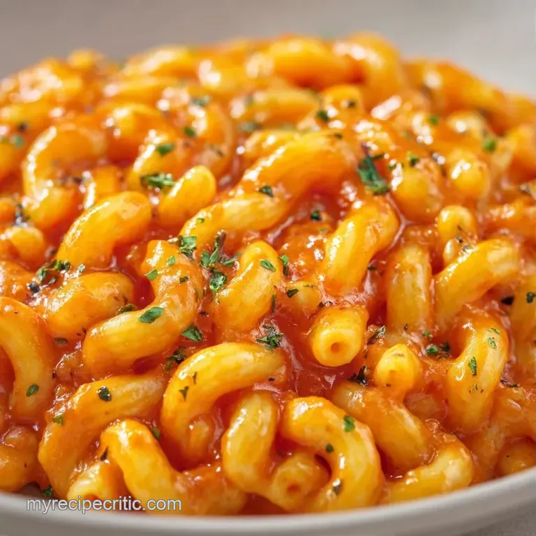 A white ceramic plate featuring swirled pasta in a vibrant red sauce, garnished with a sprig of fresh basil.