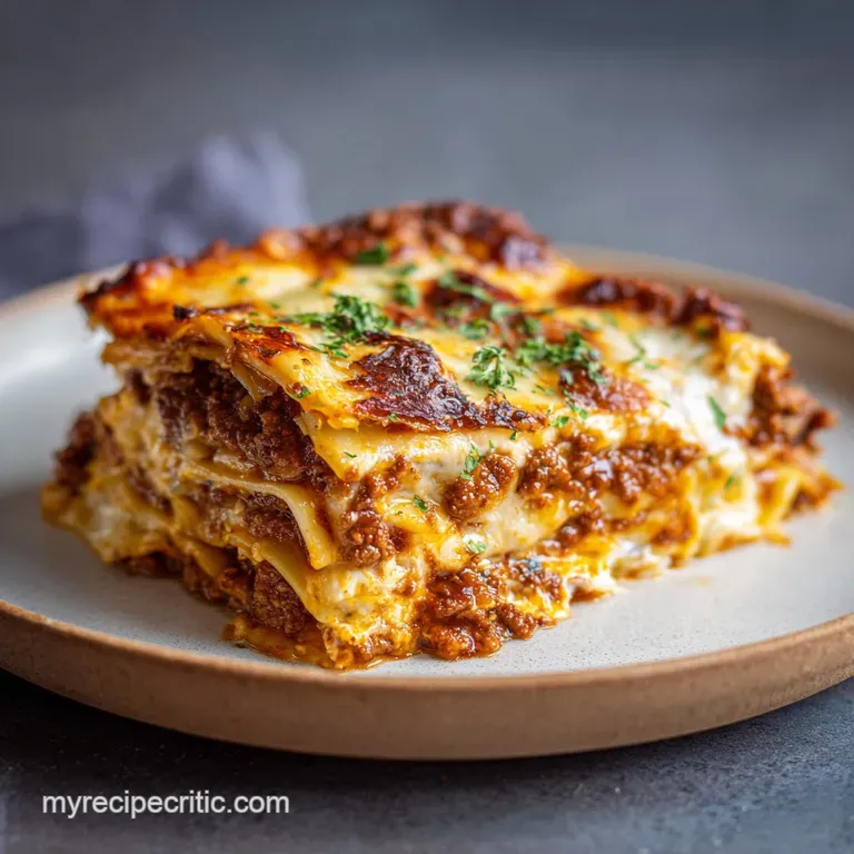 A perfectly portioned slice of lasagna, showcasing vibrant tomato sauce and creamy ricotta layers, sprinkled with fresh he...