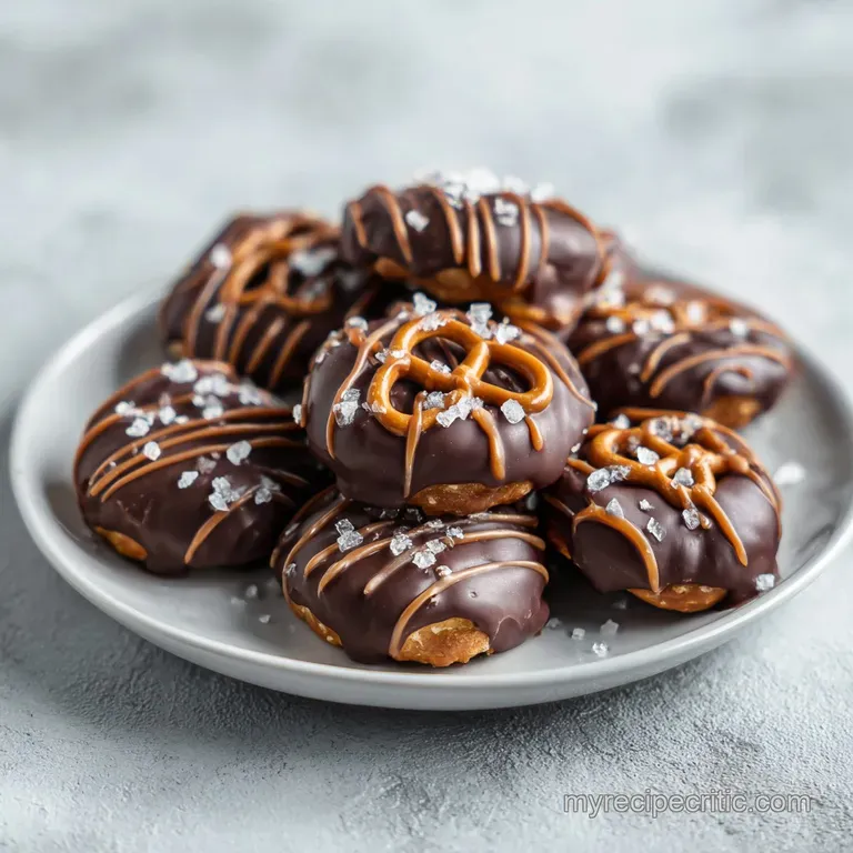 A neat stack of caramel pretzel bites, showing shiny caramel coating and flaky salt crystals.