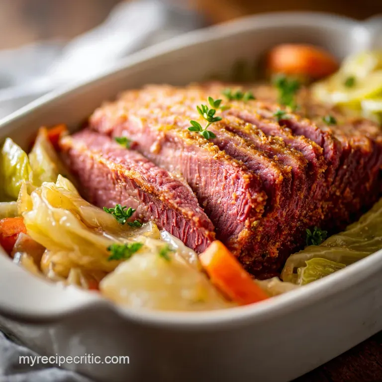 A steaming forkful of rich corned beef and vibrant cabbage rests on a white plate, glistening.