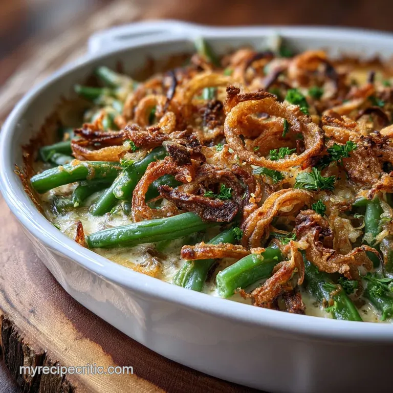 Creamy green bean casserole spooned onto a plate. Topped with crispy fried onions, smoky bacon & fresh parsley.