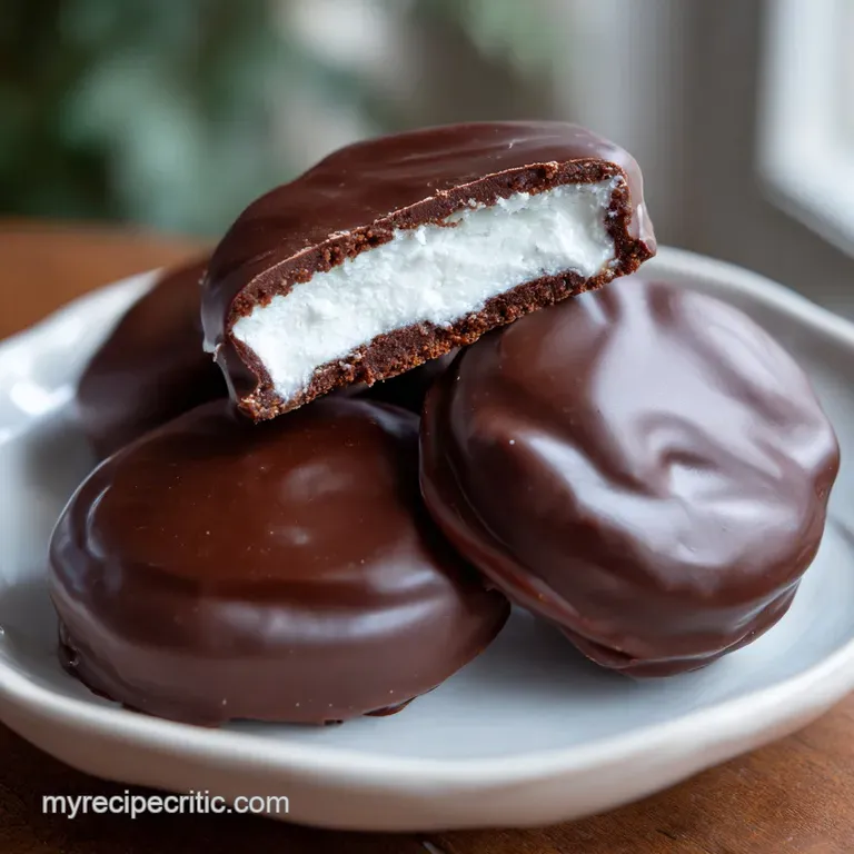 Round dark chocolate candies arranged on a white marble platter, accented by fresh mint leaves and dusted cocoa.