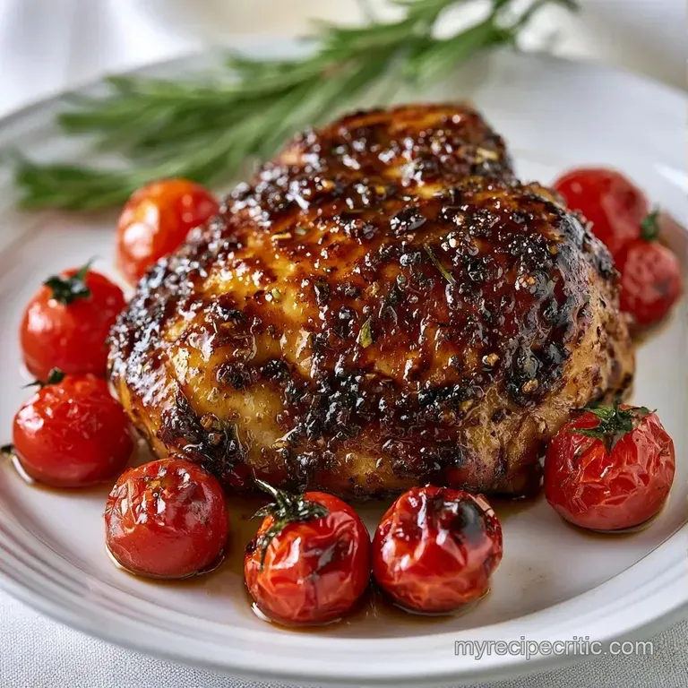 Seared chicken breasts on a white ceramic plate with bright red tomatoes and a drizzle of dark, shimmering glaze.